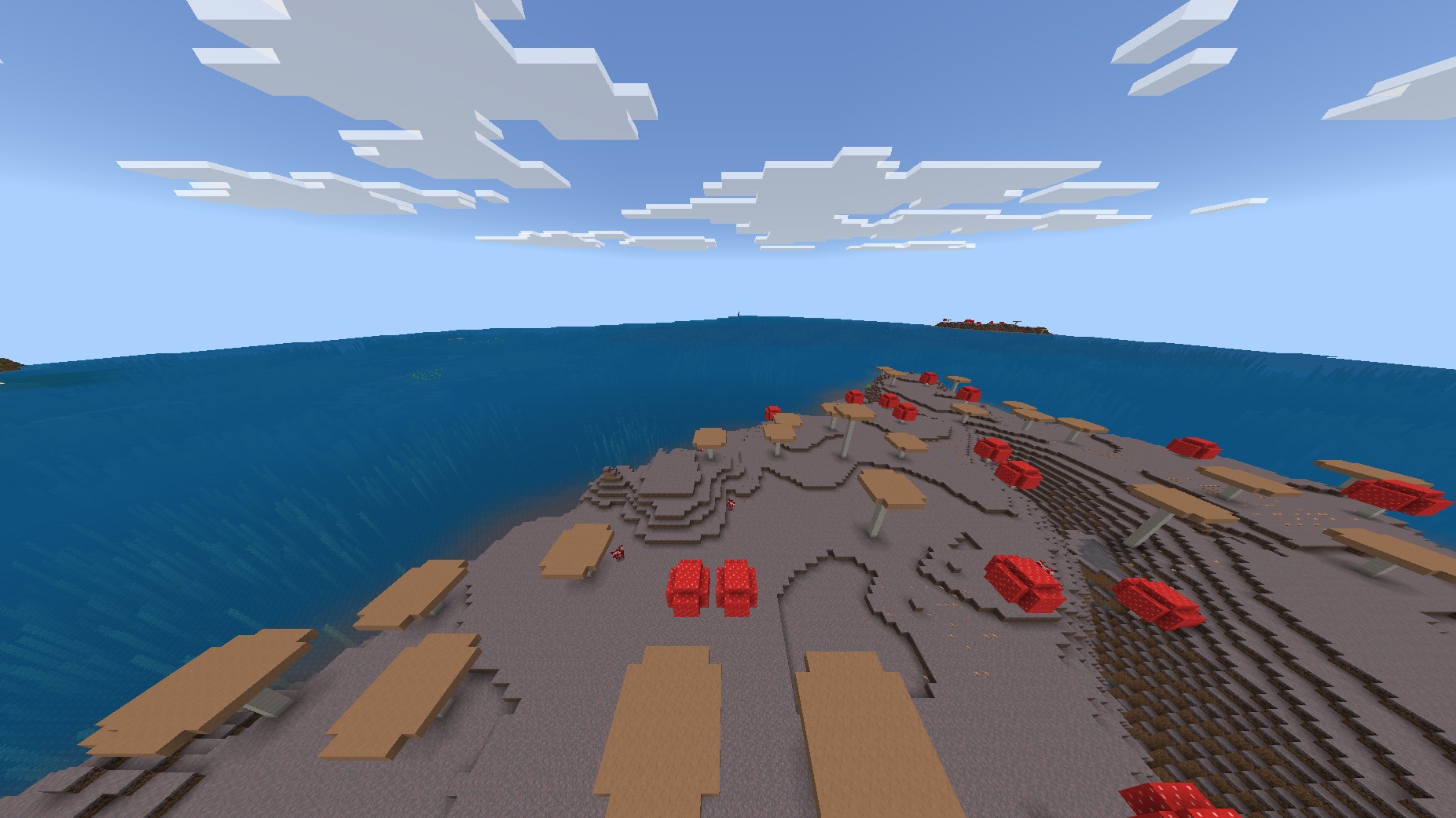 A mycelium coast with giant red and brown mushrooms and mooshrooms.