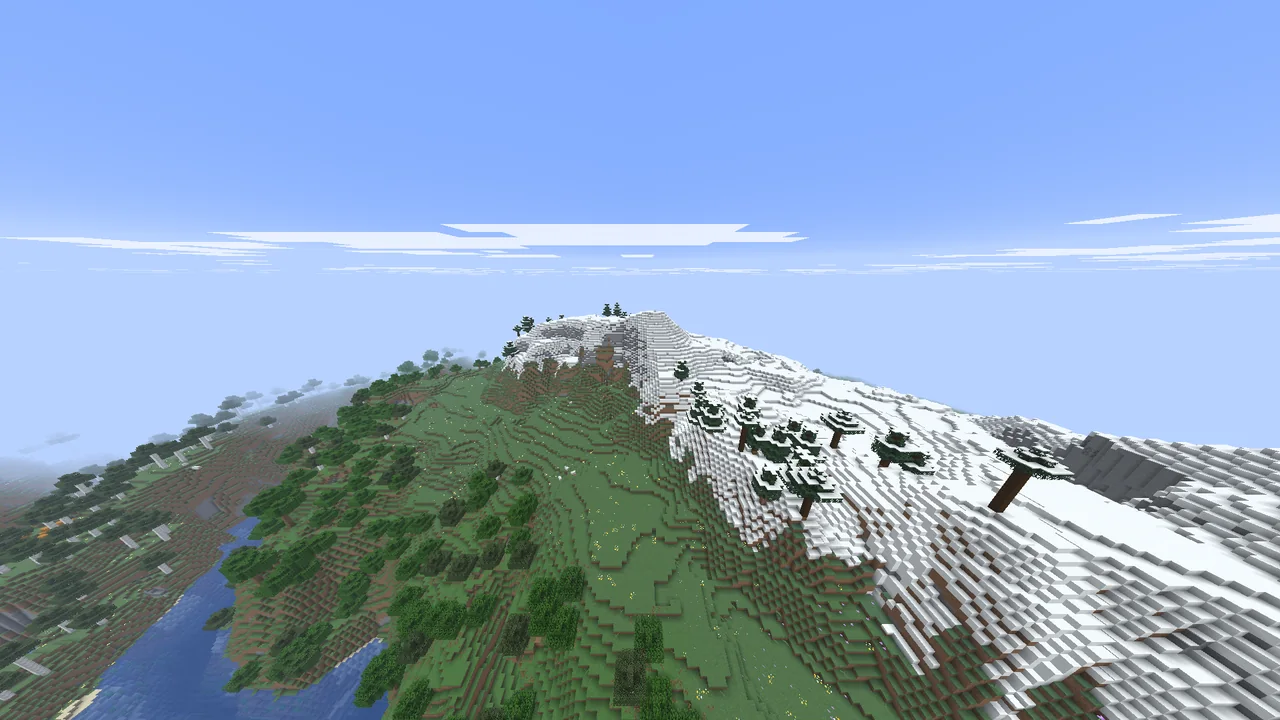 A snowy ridge above a grassy slope, with woodland and a river below the peaks.
