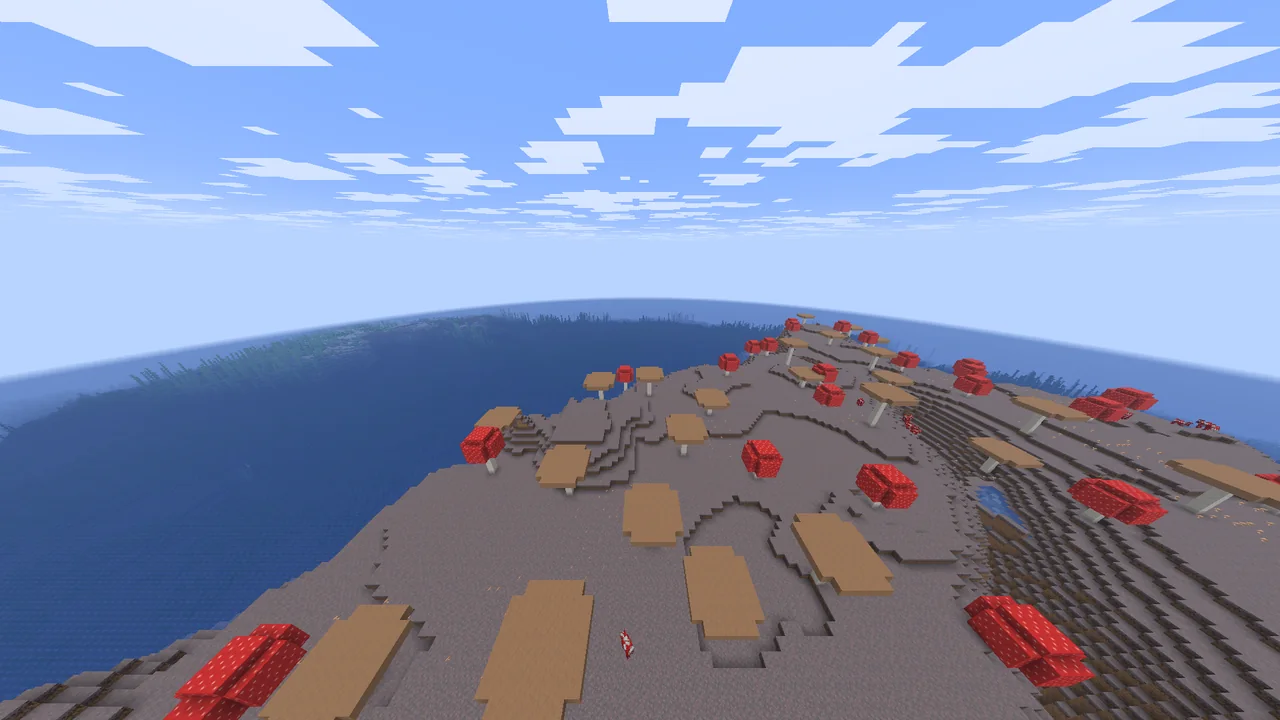 Giant red and brown mushrooms on a mycelium coast beside the ocean.
